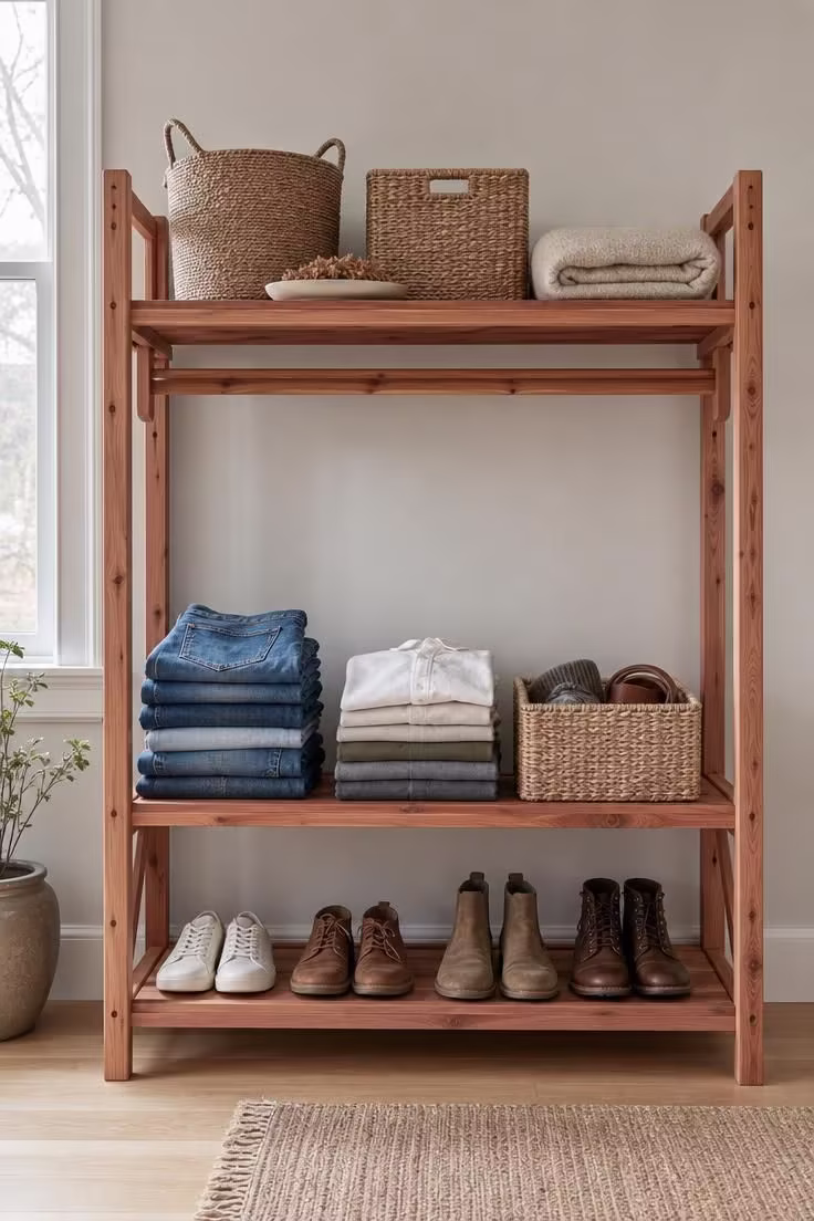 Cedar-lined open wardrobe with woven seagrass storage baskets, folded clothes, and shoes in cool morning light.