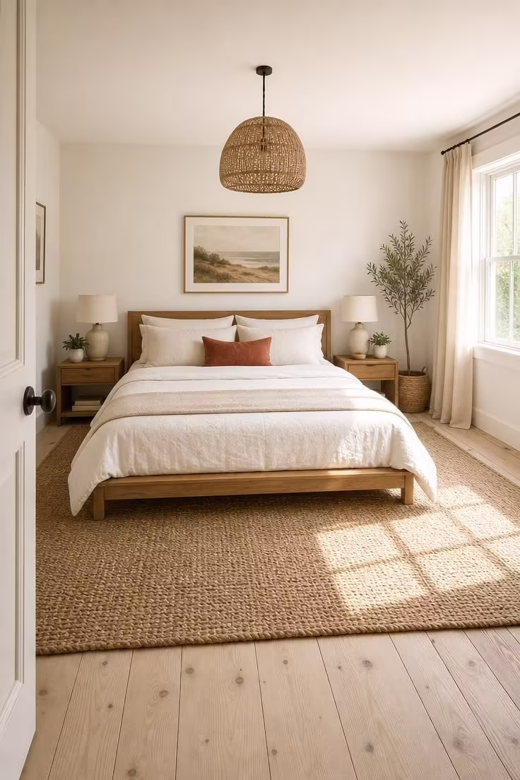 Large braided jute rug layered over whitewashed wide-plank flooring in a bright, airy couple's bedroom.