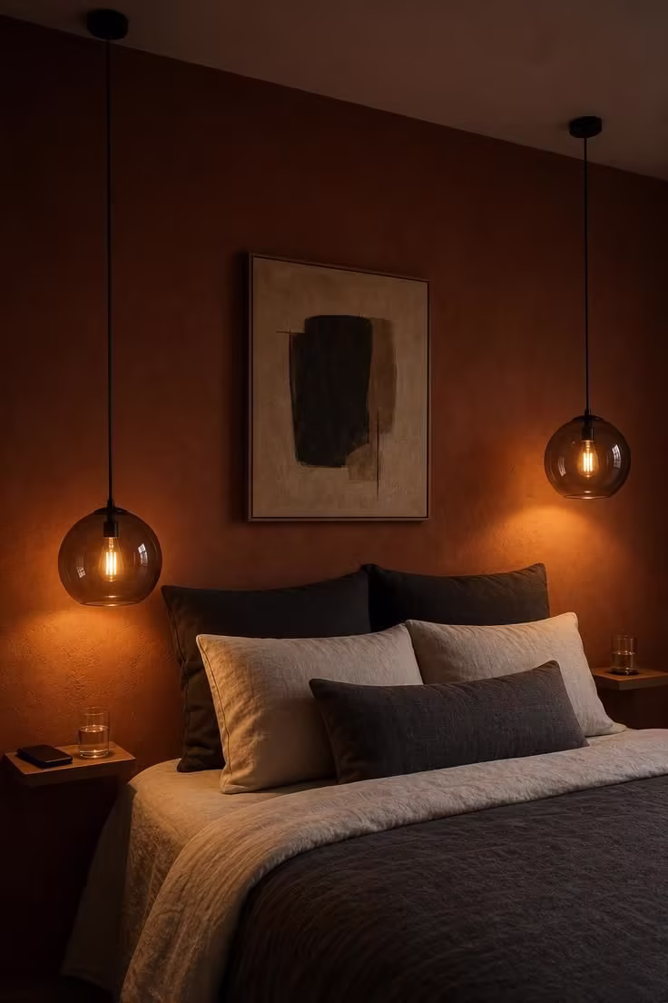 Two smoked glass globe pendant lights hanging at different heights flanking a bed against a deep clay wall in low ambient light.