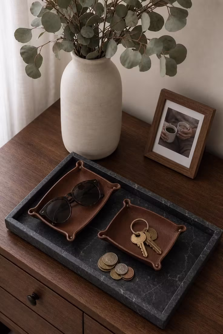 Overhead view of a soapstone tray and dried eucalyptus arrangement on a shared walnut bedroom dresser.