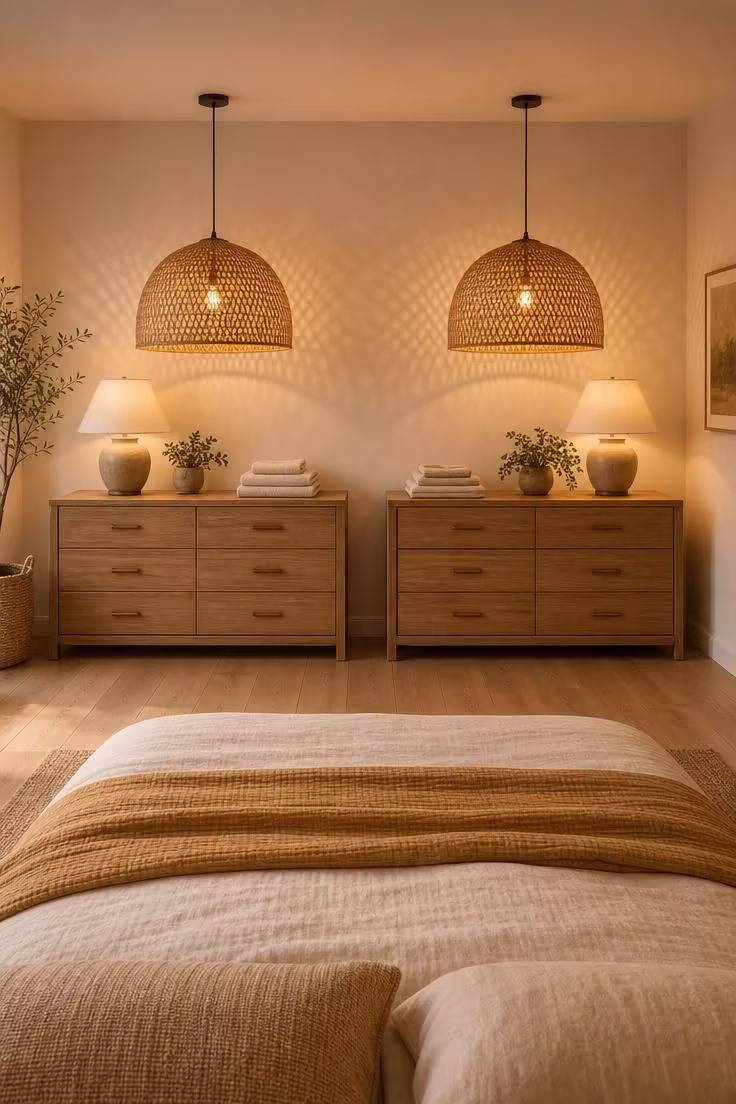 Twin woven rattan dome pendants hanging over matching low oak dressers in a warm, amber-lit couple's bedroom.