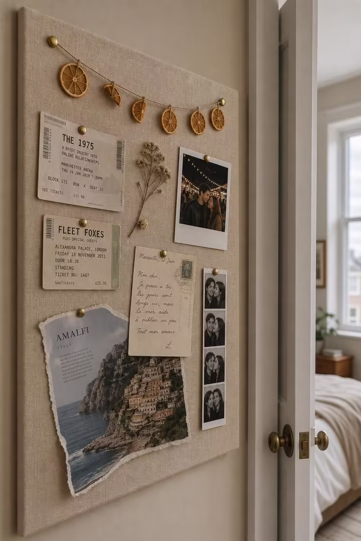 Linen-covered cork pinboard behind a bedroom door displaying concert tickets, polaroids, and travel mementos in soft overcast light.