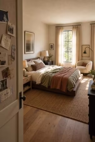 Sunlit couple's bedroom with walnut platform bed, layered earth-tone linens, mismatched nightstands, and jute rug seen from the doorway.