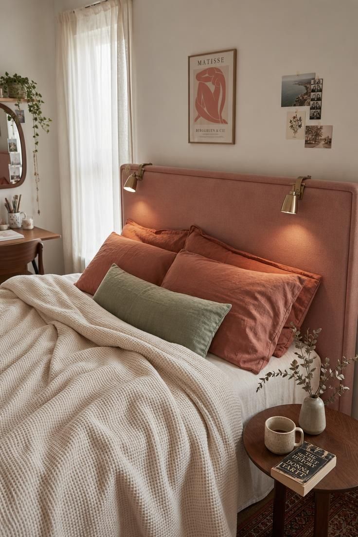 Dusty rose linen headboard with brass clip-on reading lights and layered bedding in cream, terracotta, and sage