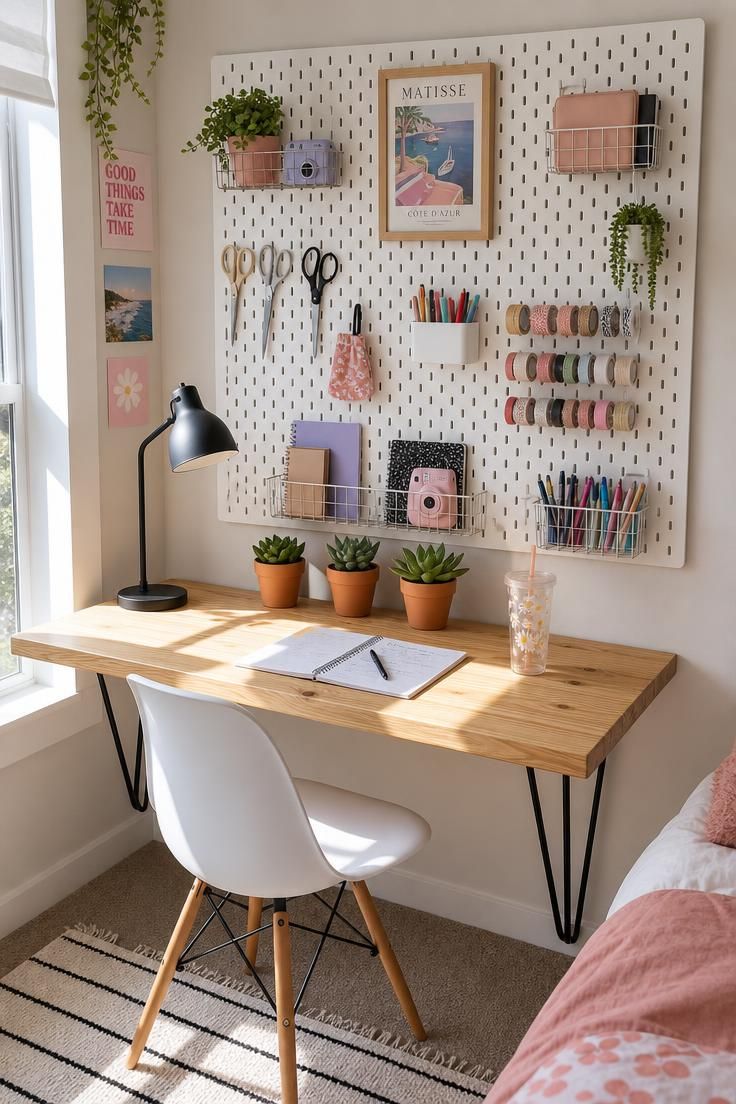 Floating pine desk with pegboard wall holding washi tape and scissors, potted succulents along the desk edge