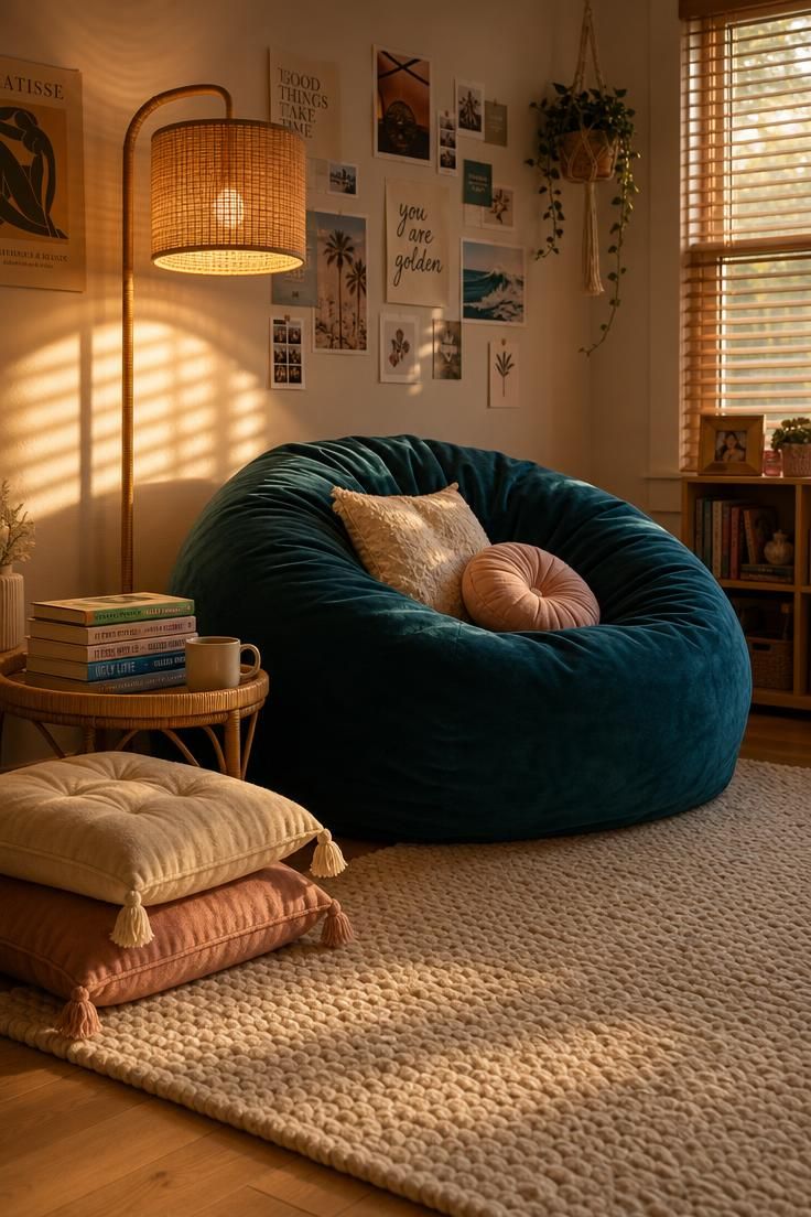 Deep teal velvet bean bag chair beside a rattan floor lamp with cotton floor cushions and a knit rug