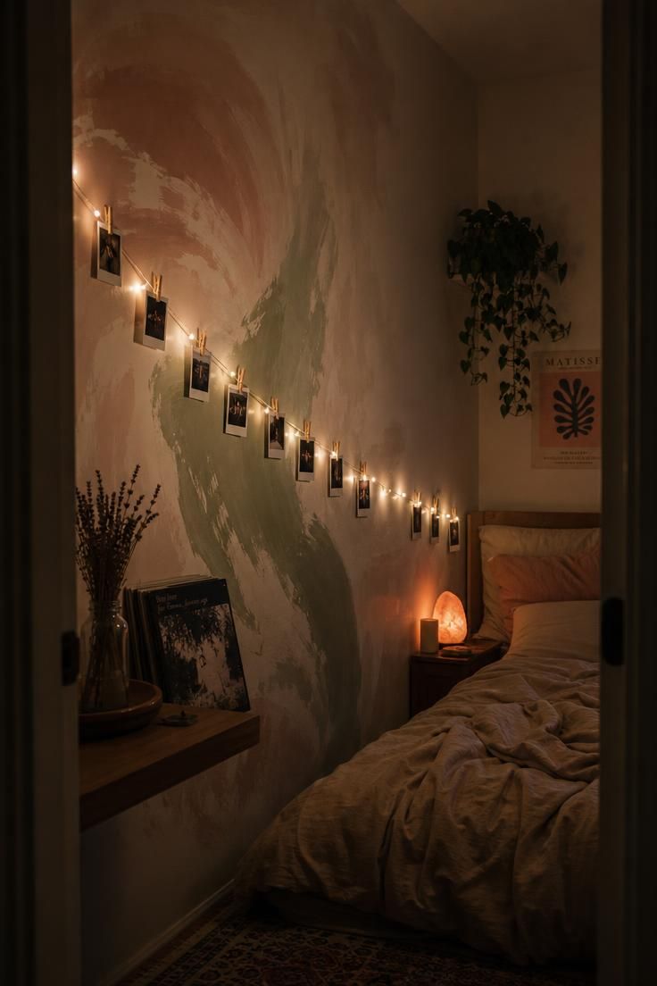 Hand-painted mural wall in blush and sage with Polaroid photos clipped to diagonal string lights in a moody bedroom