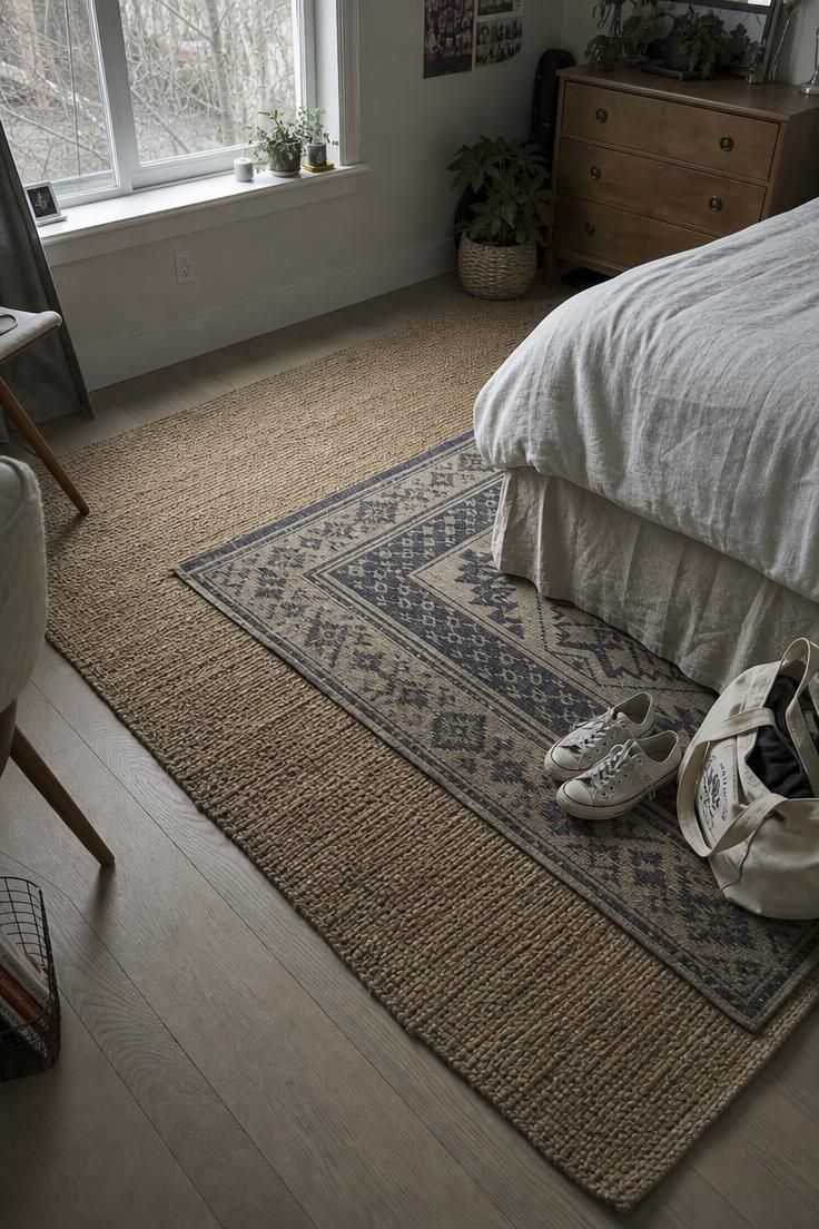 Woven jute rug layered over white oak flooring with a smaller navy geometric rug near the foot of a bed