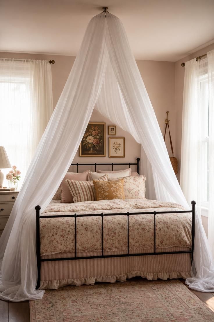 Sheer white cotton canopy drapes over a matte black iron bed frame with floral and striped pillows