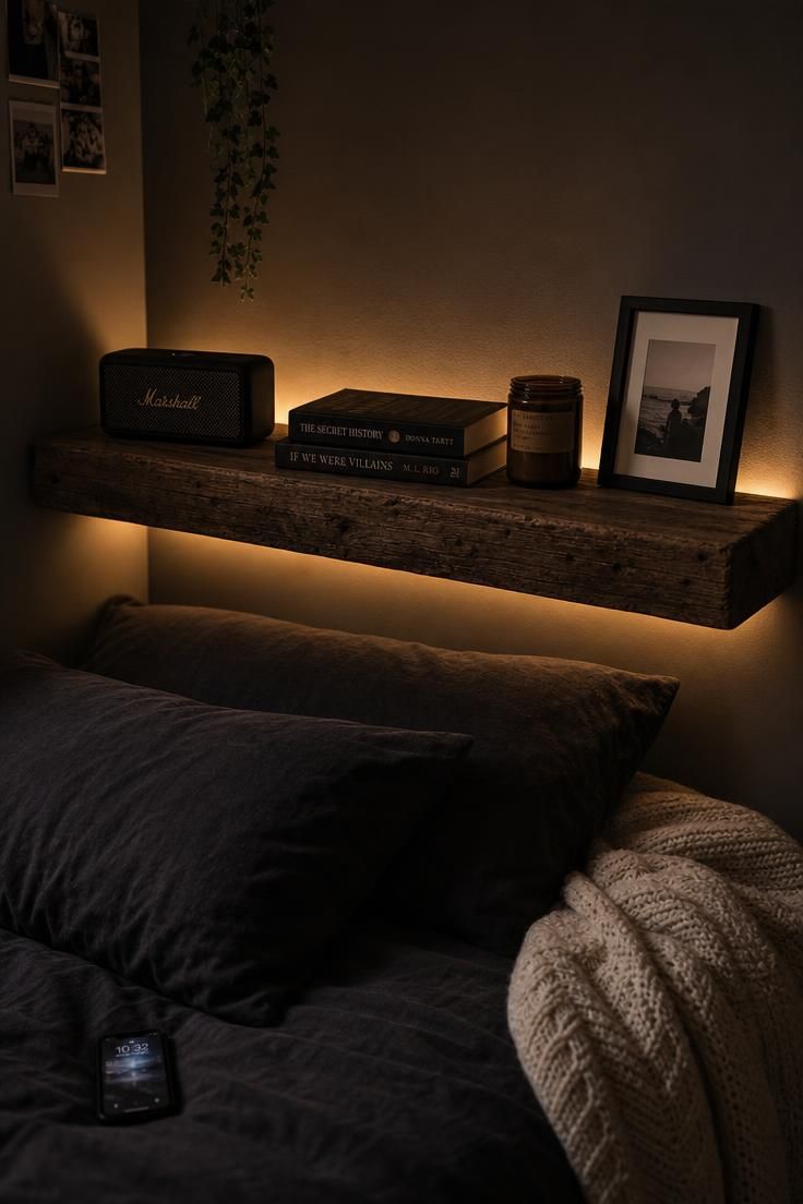 Reclaimed wood floating shelf headboard with warm LED strip lighting glowing behind it and charcoal linen bedding below