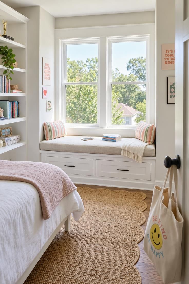 White built-in window seat with pull-out storage drawers, oatmeal linen cushion, and coral and sage bolster pillows