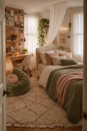 Cozy teenage girl bedroom with linen bed, floating desk, rattan lamp, velvet bean bag, and cork pinboard filled with photos