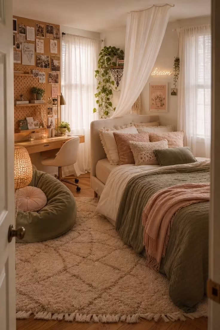 Simple Spaces 16 Cozy teenage girl bedroom with linen bed, floating desk, rattan lamp, velvet bean bag, and cork pinboard filled with photos