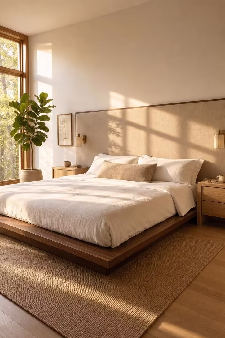 13 Cozy Bedroom Ideas for Women Over 40 You Will Love 1 A walnut platform bed with an oatmeal linen upholstered headboard panel in a sunlit bedroom with warm golden afternoon light and white linen sheets.