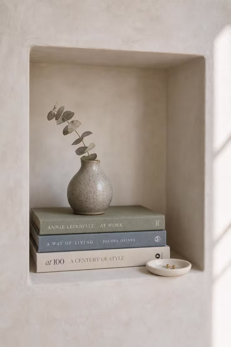 13 Cozy Bedroom Ideas for Women Over 40 You Will Love 4 A recessed wall niche holding stacked cloth-bound books, a speckled stoneware bud vase with dried eucalyptus, and a small ceramic dish in bright midday light.