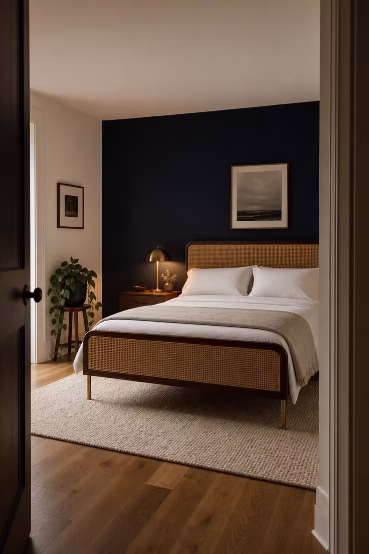 13 Cozy Bedroom Ideas for Women Over 40 You Will Love 5 A moody bedroom with a deep navy accent wall behind a cane and brass bed frame dressed in white sheets, seen from the doorway with warm lamp light.