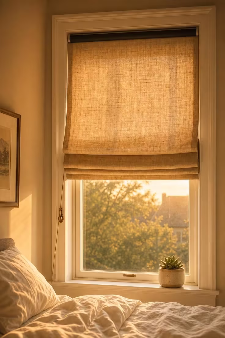 13 Cozy Bedroom Ideas for Women Over 40 You Will Love 6 A raw linen roman shade in warm flax over a bedroom window with golden afternoon light filtering through, with a blackout roller shade retracted above.