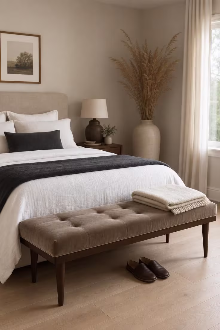 13 Cozy Bedroom Ideas for Women Over 40 You Will Love 7 A mushroom-toned velvet bench with dark walnut legs at the foot of a bed with white linen and a charcoal throw in soft diffused light.