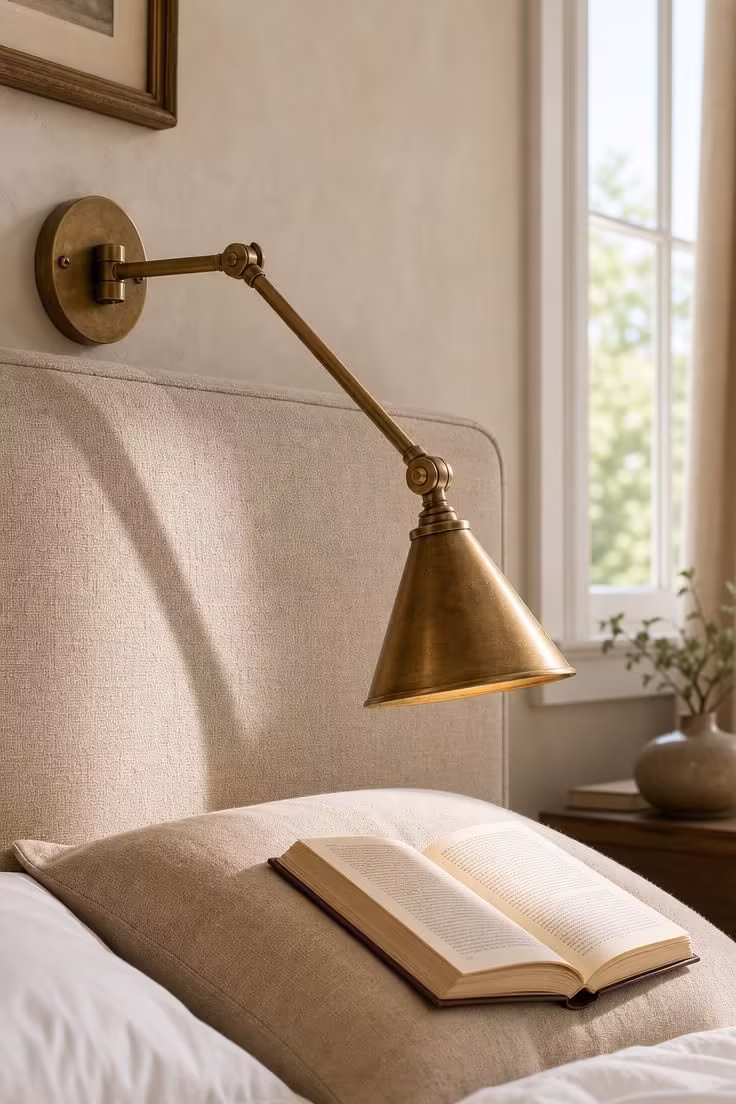 13 Cozy Bedroom Ideas for Women Over 40 You Will Love 9 A warm brass swing-arm sconce with a cone shade extended beside a linen headboard, angled toward an open book on a pillow in bright midday light.