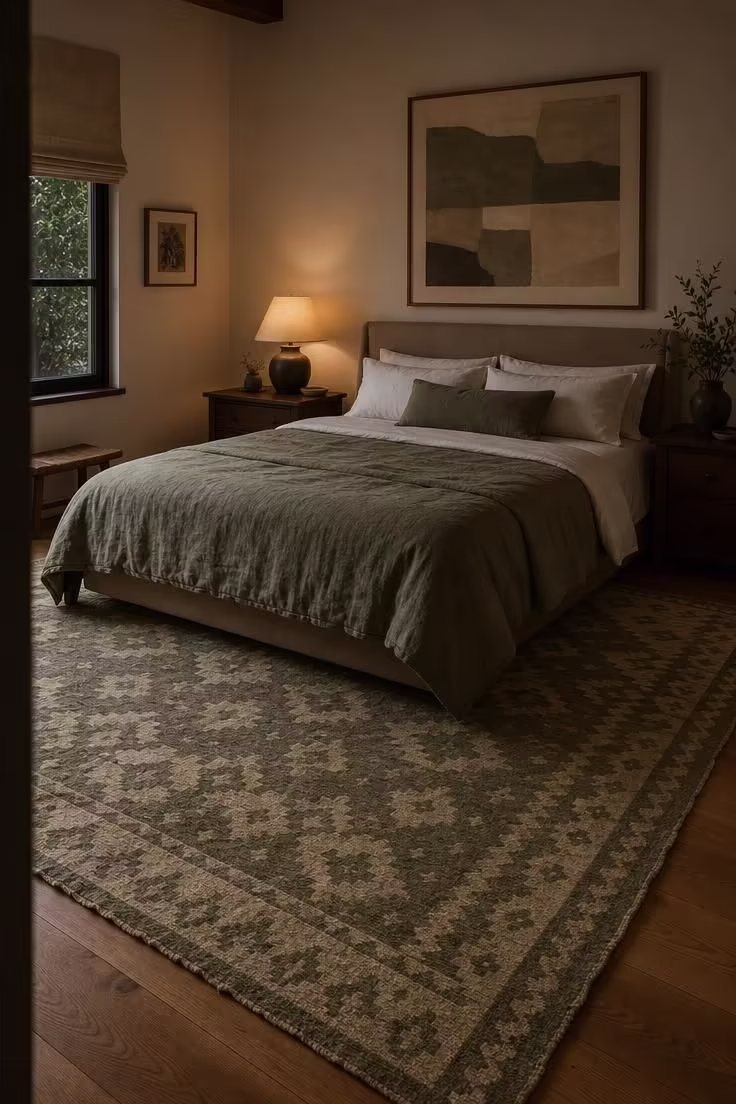 13 Cozy Bedroom Ideas for Women Over 40 You Will Love 10 A wide view of a bedroom with a hand-knotted wool rug in muted olive and cream under the bed, with moody low light from a table lamp.