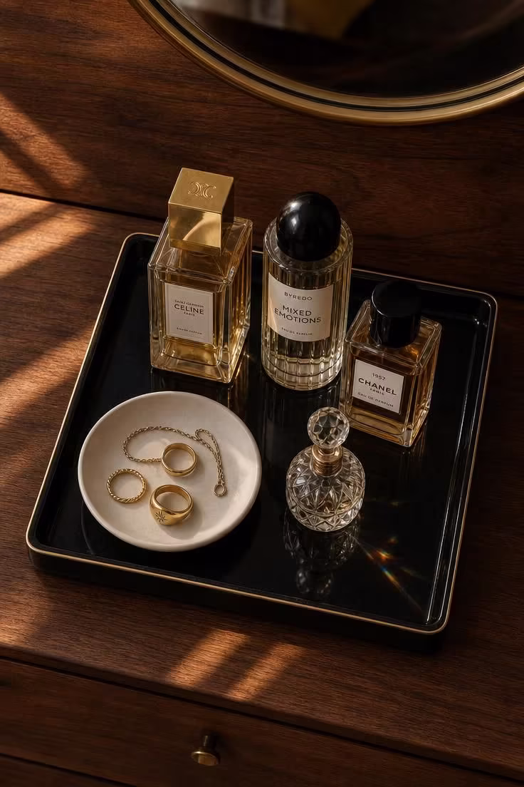 13 Cozy Bedroom Ideas for Women Over 40 You Will Love 11 An overhead view of a black lacquered tray with glass perfume bottles and a white ceramic ring dish on a mid-century walnut dresser in warm golden light.