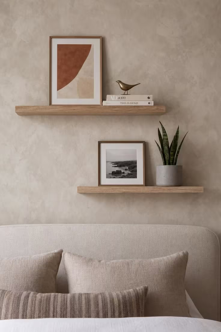 13 Cozy Bedroom Ideas for Women Over 40 You Will Love 12 A limewash accent wall in soft putty with two floating shelves holding framed art, books, a brass bird figure, and a snake plant in soft diffused light.