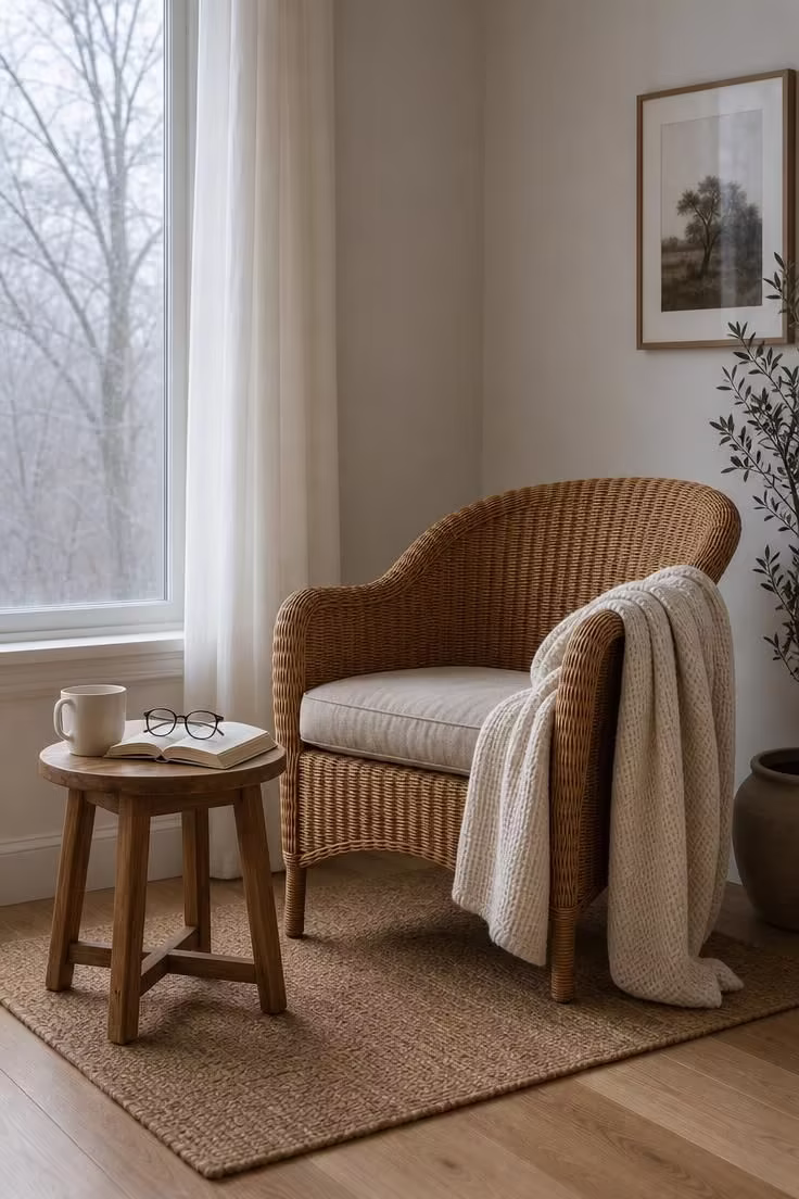 13 Cozy Bedroom Ideas for Women Over 40 You Will Love 13 A rattan lounge chair with an ivory cotton waffle blanket draped over the arm, beside a window with cool overcast light and a small side table with a mug and book.