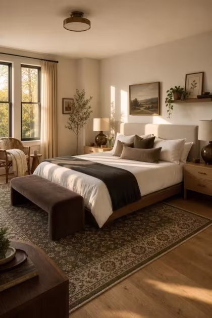 13 Cozy Bedroom Ideas for Women Over 40 You Will Love A warm and collected bedroom for women over 40 with a walnut platform bed, linen headboard, smoked glass lamps, charcoal throw, olive wool rug, rattan chair, and trailing pothos in golden afternoon light.