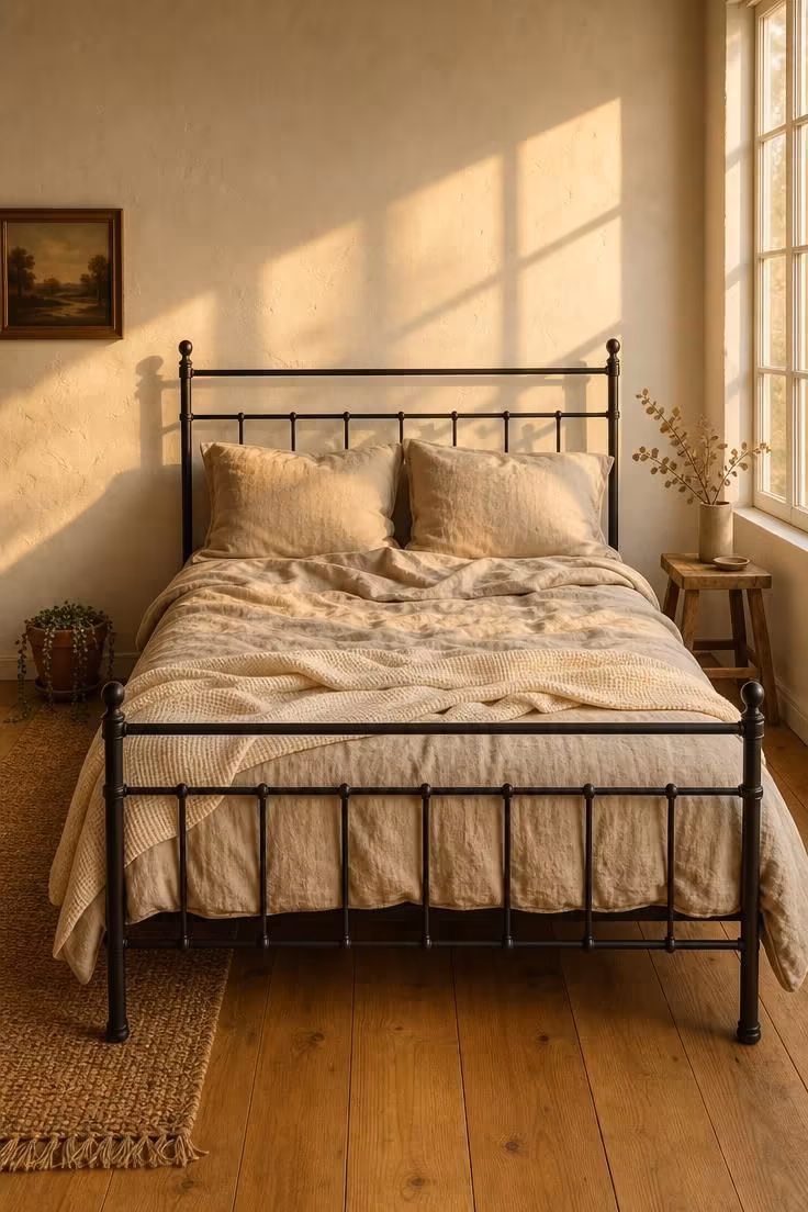 13 Cozy Bedroom Ideas With Black Furniture for Any Style 1 Matte black iron bed frame with oatmeal linen bedding and a jute runner on honey oak floors in warm afternoon light