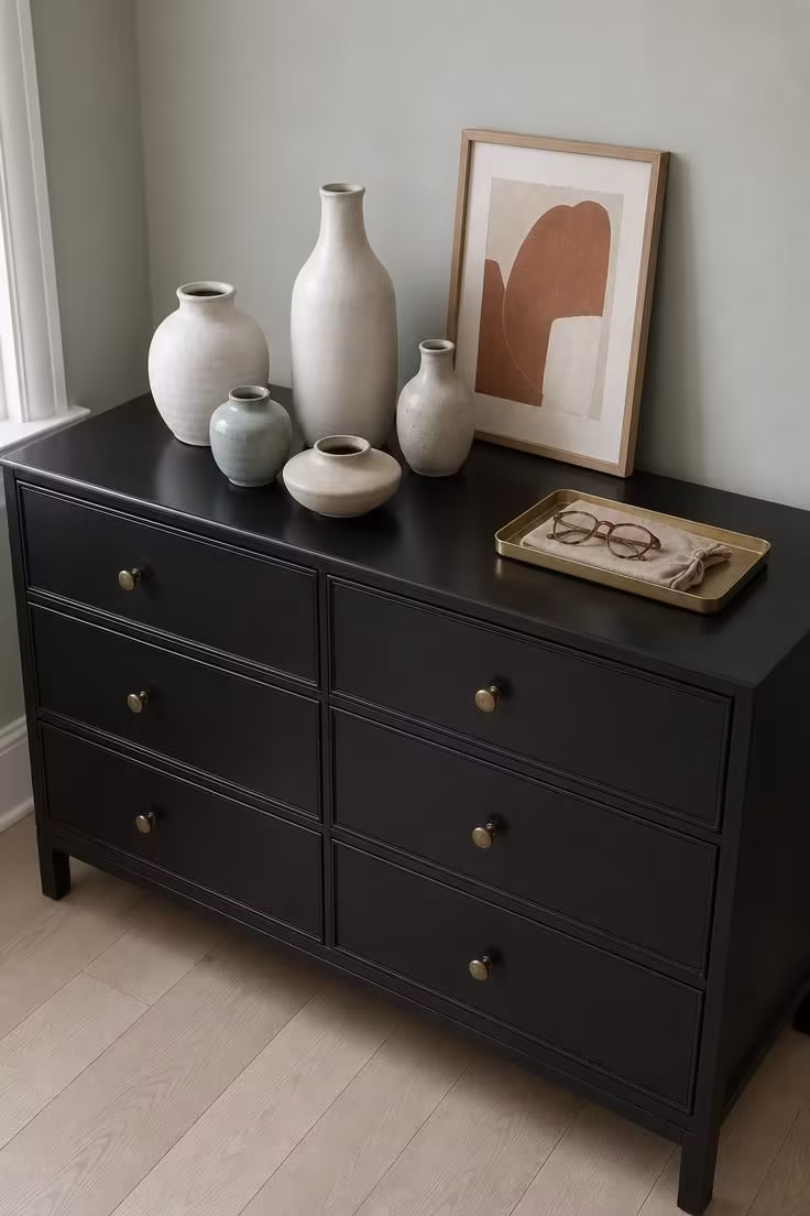 13 Cozy Bedroom Ideas With Black Furniture for Any Style 2 Lacquered black dresser with hand-thrown ceramic vessels in white and sand tones against a pale sage wall in soft overcast light