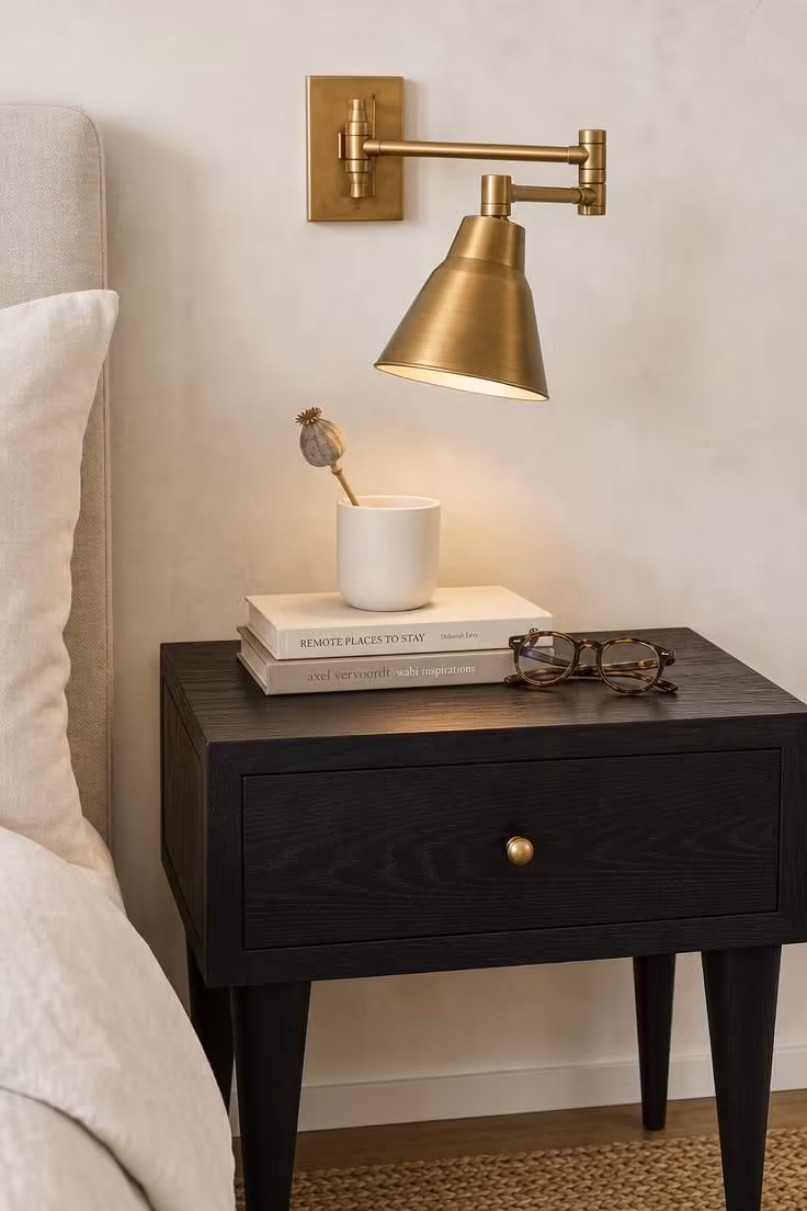 13 Cozy Bedroom Ideas With Black Furniture for Any Style 3 Ebony-stained oak nightstand with brushed brass swing-arm lamp and stacked books in bright midday light