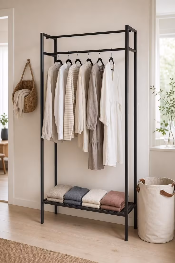 13 Cozy Bedroom Ideas With Black Furniture for Any Style 4 Black metal open wardrobe with folded knit sweaters and hanging linen garments beside a canvas laundry bin in soft diffused light