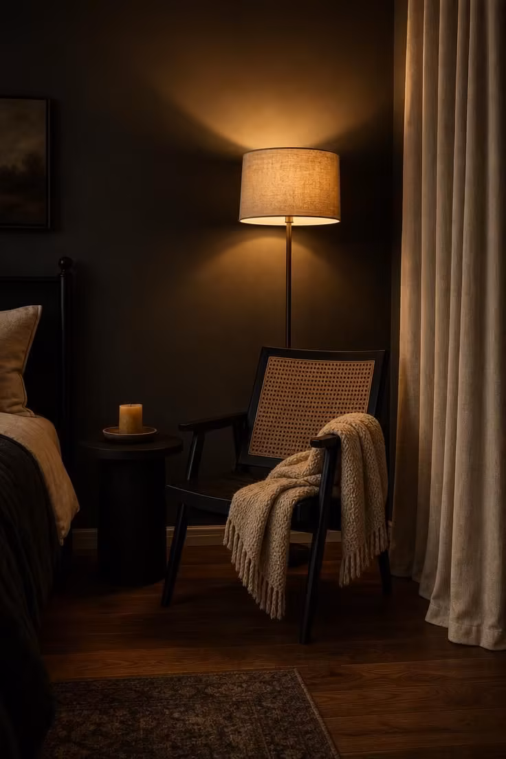 13 Cozy Bedroom Ideas With Black Furniture for Any Style 5 Black cane-back accent chair with cream knit throw beside a linen curtain in a moody low-light bedroom with charcoal walls
