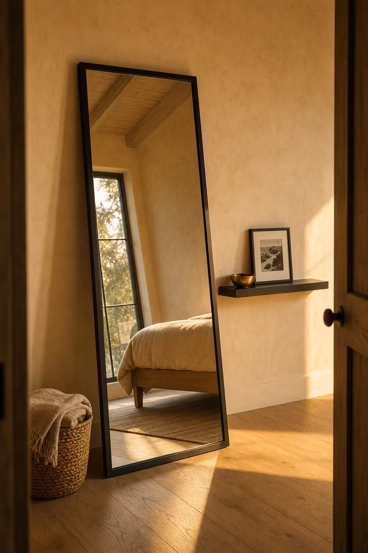 13 Cozy Bedroom Ideas With Black Furniture for Any Style 6 Black-framed full-length mirror leaning against a limewashed plaster wall with warm golden light reflected in the glass