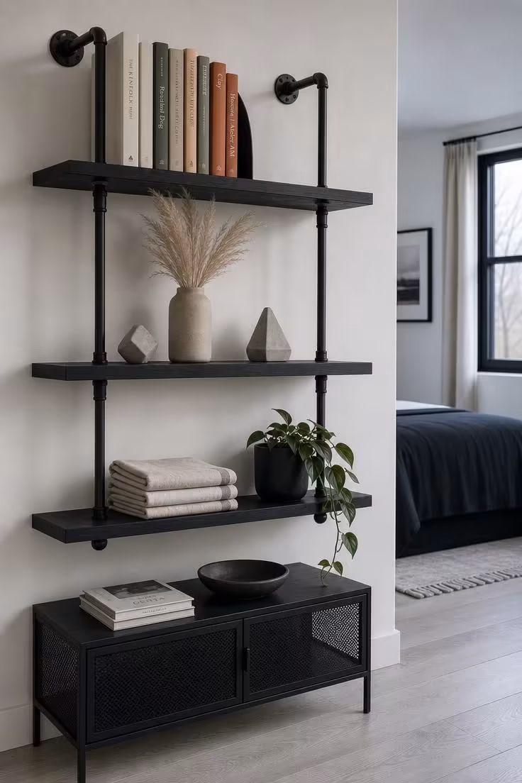 13 Cozy Bedroom Ideas With Black Furniture for Any Style 7 Industrial black pipe shelf system with stacked books and dried pampas arrangement above a black metal console in cool overcast light