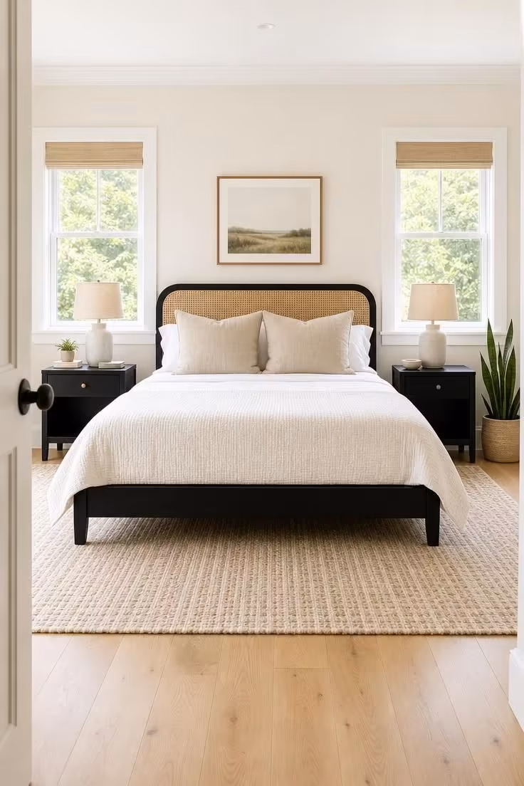 13 Cozy Bedroom Ideas With Black Furniture for Any Style 8 Black platform bed with arched rattan headboard insert, white bedding, and matching matte black nightstands in bright midday light