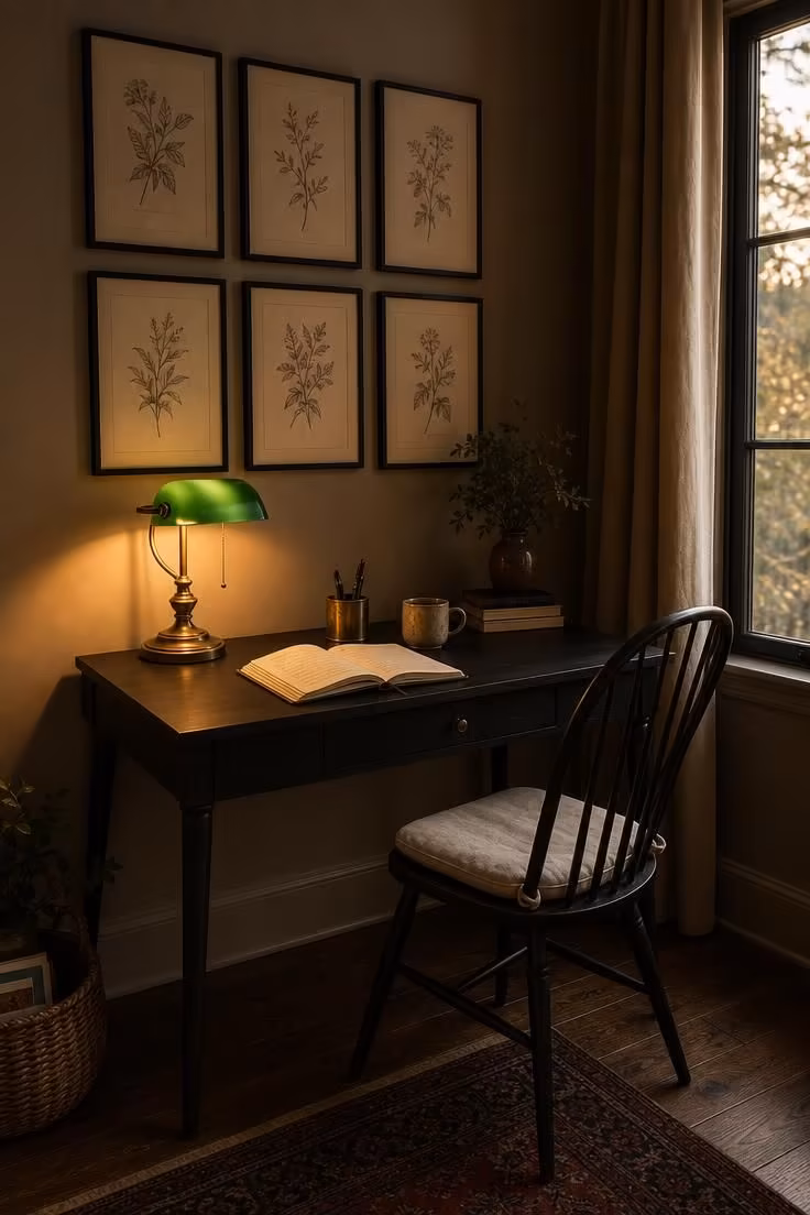 13 Cozy Bedroom Ideas With Black Furniture for Any Style 10 Black writing desk with botanical line drawings gallery above it and brass desk lamp casting warm light in a moody late-afternoon bedroom