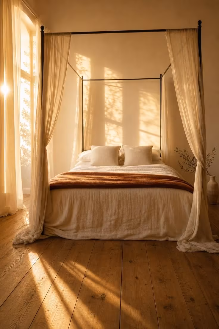13 Cozy Bedroom Ideas With Black Furniture for Any Style 11 Black wrought iron canopy bed frame with sheer ivory gauze panels catching golden light over layered white and cream bedding