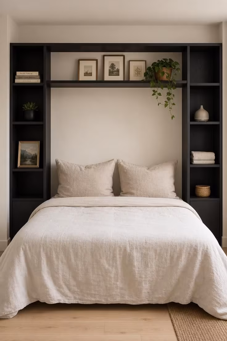 13 Cozy Bedroom Ideas With Black Furniture for Any Style 13 Black floating shelf system framing a bed like a built-in alcove with stacked books and small plants in soft diffused light