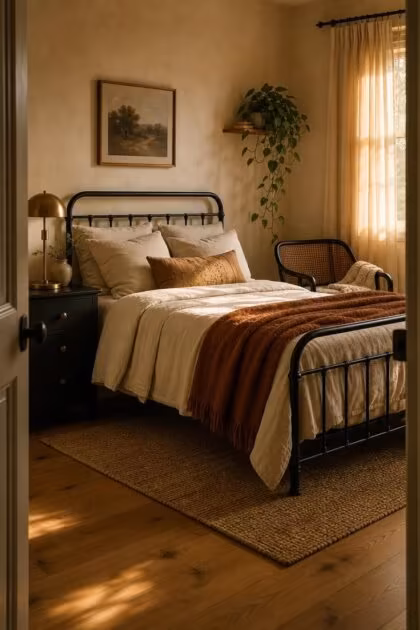 13 Cozy Bedroom Ideas With Black Furniture for Any Style Cozy bedroom with black iron bed frame, oatmeal linen bedding, black nightstand, and cane-back accent chair bathed in warm golden afternoon light