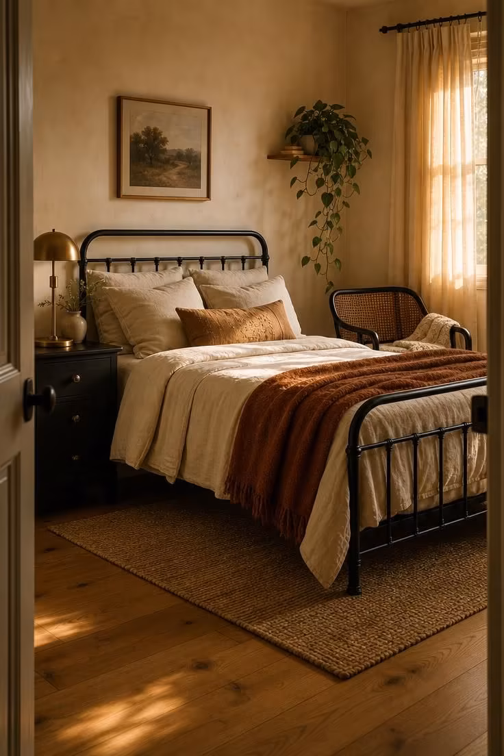 Simple Spaces 16 Cozy bedroom with black iron bed frame, oatmeal linen bedding, black nightstand, and cane-back accent chair bathed in warm golden afternoon light