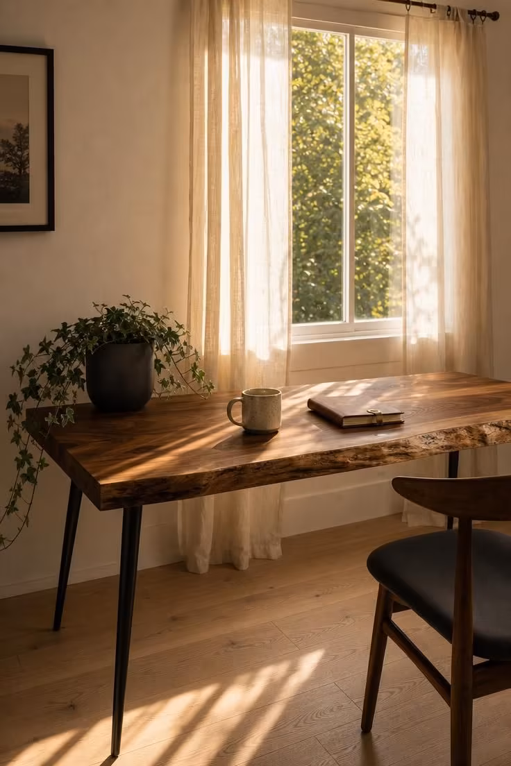 Walnut slab desk with black legs beneath a sheer curtain window with golden afternoon light