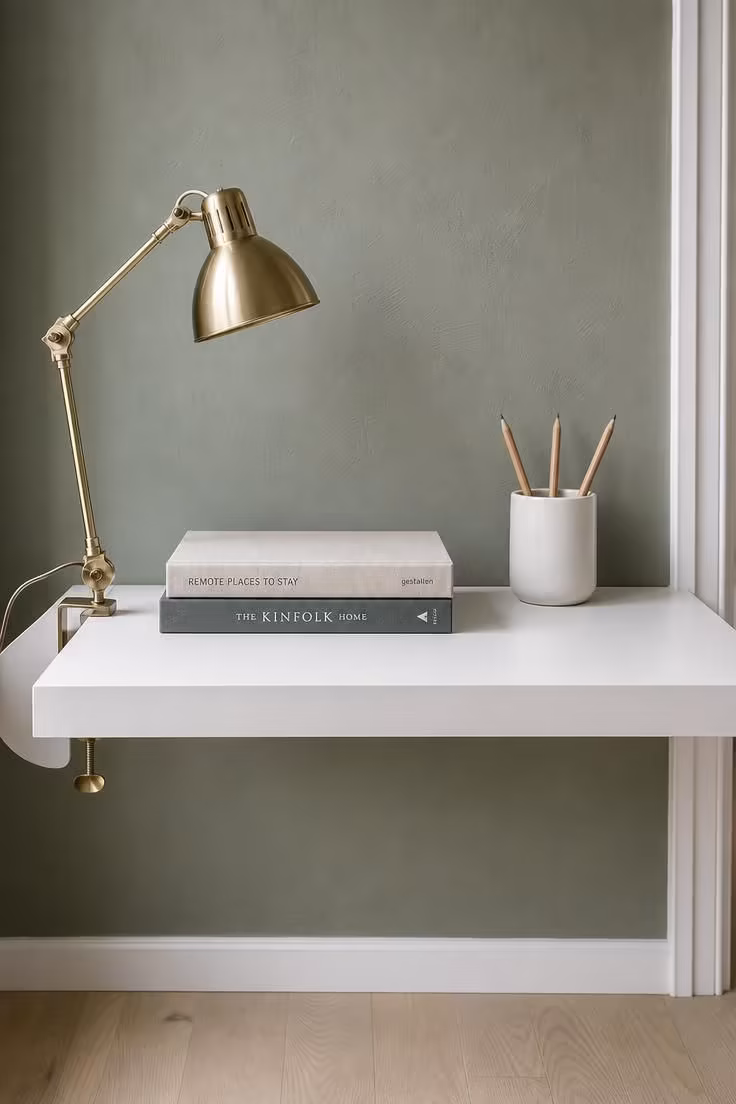 White floating desk mounted on sage green accent wall with brass clip lamp and stacked books