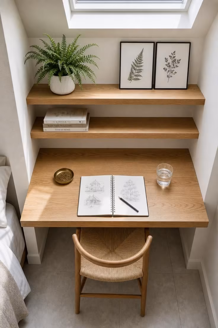 Overhead view of slim oak desk fitted into bedroom alcove with floating shelves and fern