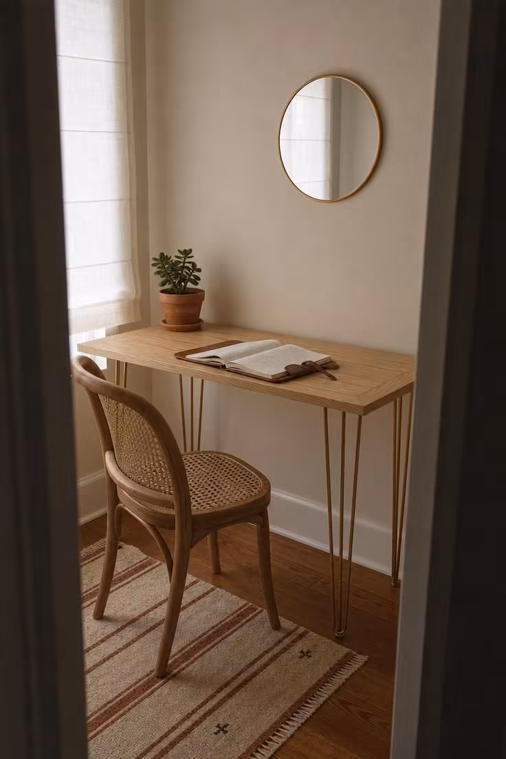 Mid-century hairpin-leg desk with woven cane chair seen from a bedroom doorway