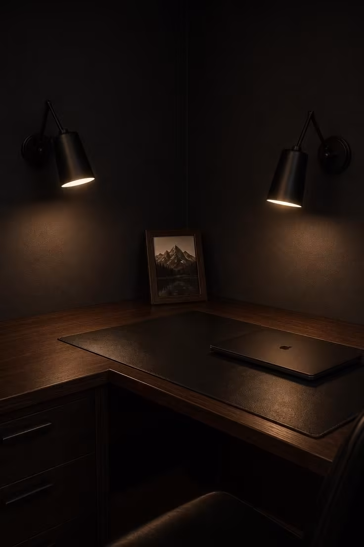 Dark espresso corner desk with matte black wall sconces casting focused pools of light