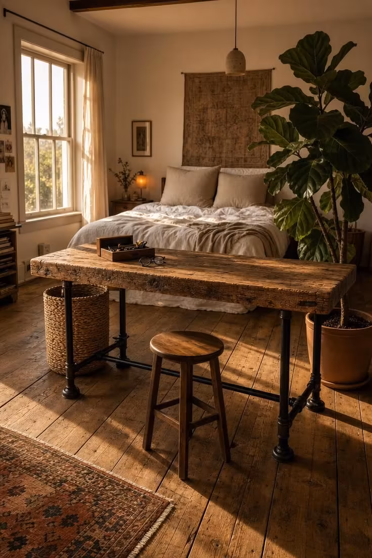 Reclaimed beam desk facing into bedroom with woven basket and fiddle-leaf fig beside it