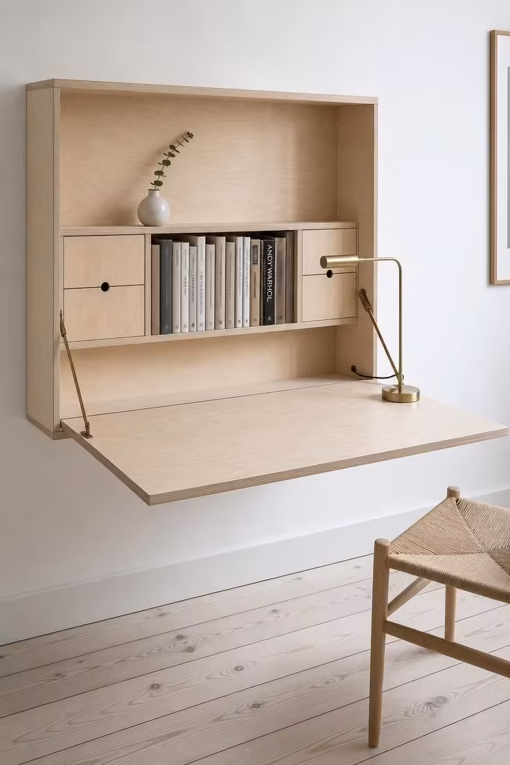 Fold-down birch plywood desk in open position mounted on white wall with hidden compartments