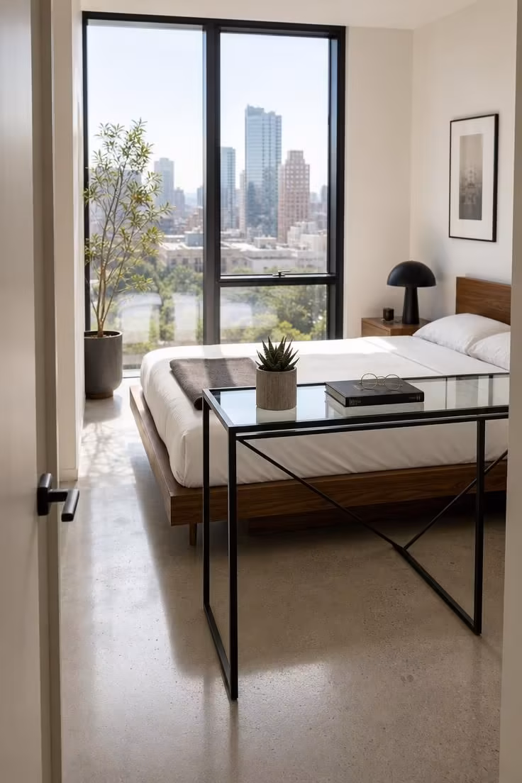 Glass-top desk on black steel frame at the foot of a walnut platform bed with bright midday light