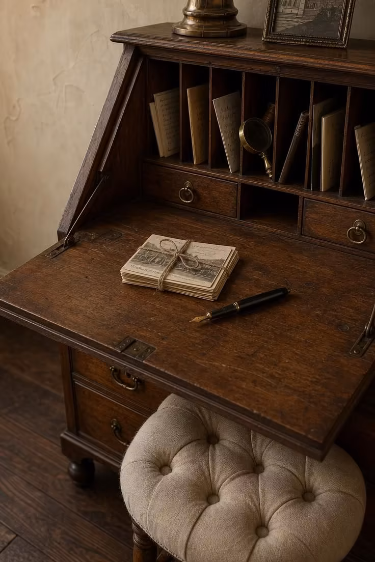 Vintage secretary desk with open fold-down surface showing brass pulls and cubbyholes with tufted linen stool